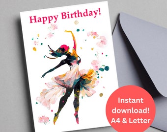 Carte d'anniversaire | Carte d'anniversaire de danseuse | Téléchargement instantané | Carte d'anniversaire imprimable | Carte imprimable 5 x 7 | Danseuse | Danse