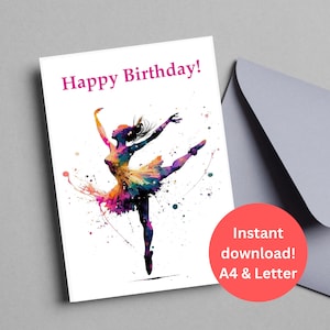 Cartão de aniversário | Download digital | Download instantâneo | Cartão de aniversário para impressão | Cartão 5x7 para impressão | Cartão de aniversário para menina | Dançarina