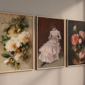 Antique Gallery Wall | Set of 3 Printable Digital Art | Camellia Flower Painting, Woman Painting, Rose Painting | Vintage Printable Wall Art