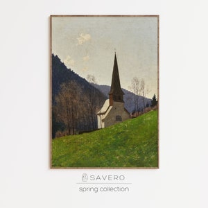 May include: A painting depicting a white church with a tall, pointed spire, situated against a background of green hills and a blue sky. The church is surrounded by trees and a grassy field.