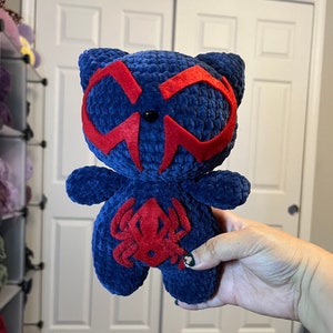 Spider Kitty 2099 Crochet Plush | Handmade Stuffed Animal | Spider-cat | Cute Jumbo Plushie | Gift for child or adult | Man Spider Inspired