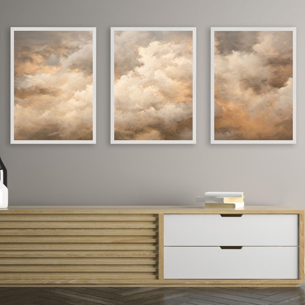 Triptych Vintage Cloud Painting Set of 3 Prints Triptych Wall Art Vintage Print Muted Art Clouds Digital Download Art Print Digital Art