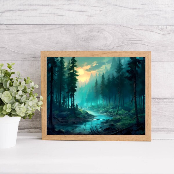 Wildart Wall Forest Watercolor Dense Forest Landscape Printable Wall Art Digital Art Green Forest Trees Painting Forest Decor Wall Art Print