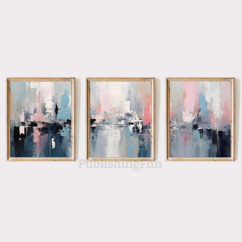 Triptych Wall Art Aqua Pink Set of 3 Prints Pink & Blue Etsy
