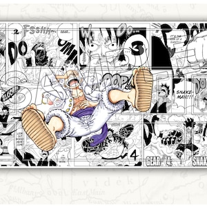 Puede incluir: Ilustraci&oacute;n en blanco y negro de estilo manga de un personaje con un gran sombrero de paja y una bufanda morada. El personaje est&aacute; en una pose de lucha con la pierna extendida. El texto "GEAR 4" y "SNAKE MAN" es visible en la imagen.