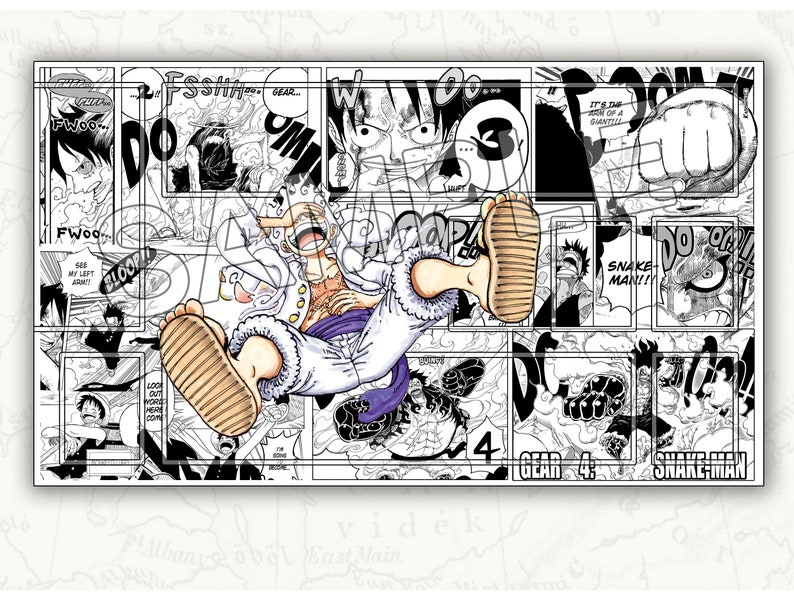 Puede incluir: Ilustraci&oacute;n en blanco y negro de estilo manga de un personaje con un gran sombrero de paja y una bufanda morada. El personaje est&aacute; en una pose de lucha con la pierna extendida. El texto "GEAR 4" y "SNAKE MAN" es visible en la imagen.