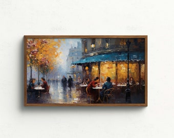 Cadre TV Art automne, café peinture à l'huile, peinture paysage urbain de Paris, décoration d'intérieur, art café, art numérique JPG téléchargement immédiat