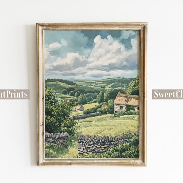 Printable Cottage Village Painting, Irish Green Rolling Hills Landscape, Wall Art, Clouds Mountains Ancient Stone House, Home Decor