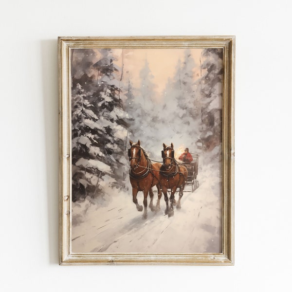 Winter Sleigh Ride Art, Snow-covered Forest, Printable Vintage Landscape Oil Paining, Home Living Room Wall Decor, Festive, Digital Download