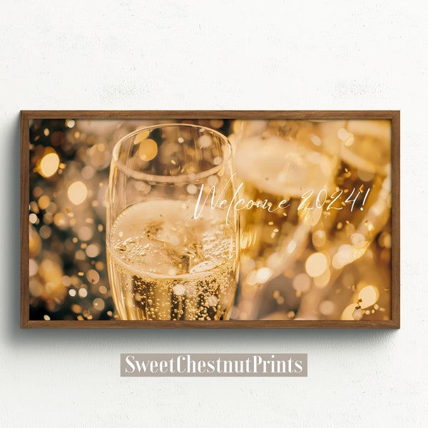 Welcome 2024 Frame TV Art, Happy New Year Champagne Toast Dreamy Moment, Retro Art Festive Home Decor, Digital Download, Holiday Celebration