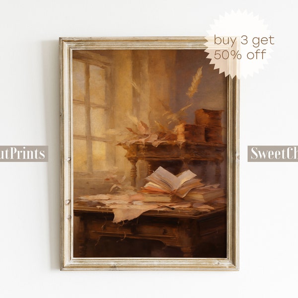 Printable Vintage Desk Painting, Nostalgic Romantic Tones, Pens Envelopes, Home Office Wall Decor, Oil Painting Wall Art Digital Download