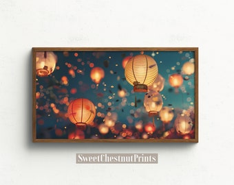 Puede incluir: Una fotografía de una colección de farolillos de papel rojo y blanco colgados del techo. Los farolillos están iluminados y crean un ambiente cálido y acogedor. El fondo es un cielo azul borroso con confeti blanco.