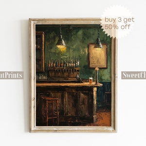 May include: A painting of a bar interior with a wooden bar, green walls, and a single stool. There are bottles on shelves behind the bar and a glass of beer on the counter. The painting is framed in a light wood frame.
