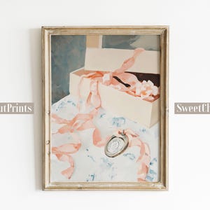 Gift Box Bow Art Print, Vintage Romantic Keepsake Poster, Coquette Wall Art, Soft Pink Ribbon Poster, Aesthetic Bedroom Decor, Gift for Her