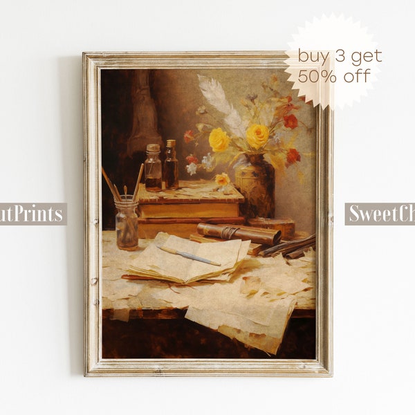 Vintage Desk Painting Art, Nostalgic Romantic Tones, Pens and Envelopes, Home Office Wall Decor, Printable Oil Painting, Instant Download