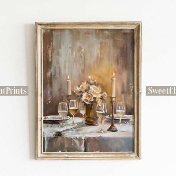 Candlelight Dinner Oil Painting Printable, Valentine's Gift for Him, Printable Wall Art, Muted Yellow, Serene, Living Dining Room Decor