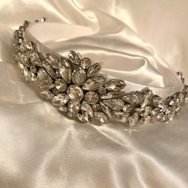 White Satin & Silver Diamante Headband| Bridal Headband| Diamante Crown| Alice Band| Wedding Accessories for the Bride| Sparkly Headband|