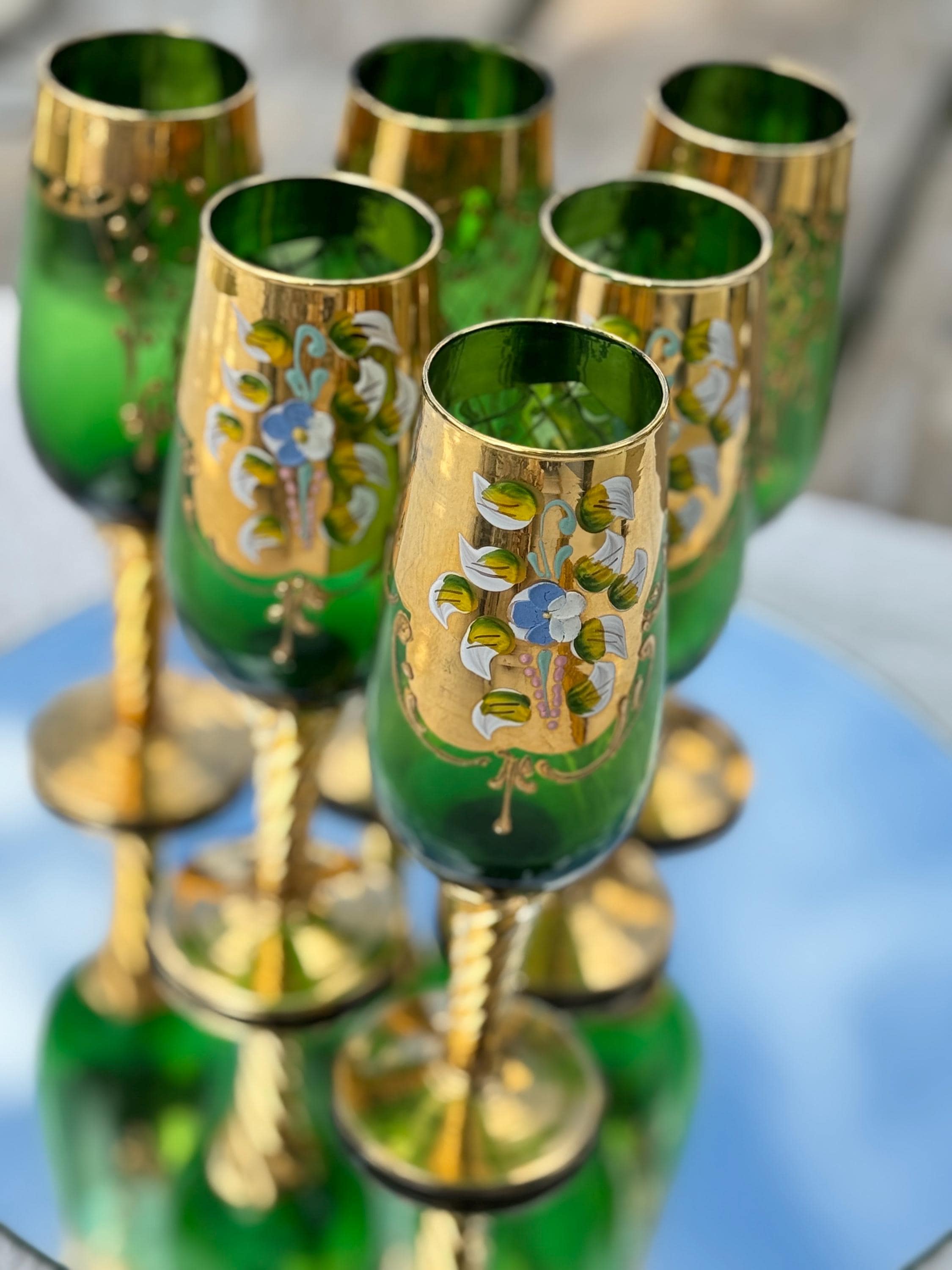 Vintage Murano Champagne Flutes, Green Glass With 24K Gold  display picture 1