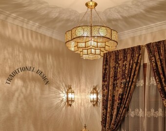 Handmade Moroccan Brass Chandelier, Antique Style Pendant Light