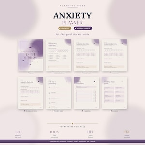 May include: Anxiety Planner with the text "ANXIETY PLANNER" and "for the quiet storms inside." The planner includes pages for check-ins, grounding tools, and a calm menu. The color scheme is soft purple and white.