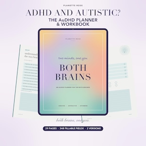 Könnte beinhalten: Ein digitaler Planer und Arbeitsbuch mit dem Titel ADHD AND AUTISTIC? THE AuDHD PLANNER & WORKBOOK. Das Cover zeigt einen Farbverlauf mit dem Text two minds, one you BOTH BRAINS AN AuDHD PLANNER FOR THE BOTH-BRAINED. Enthält 29 Seiten und 348 Felder.