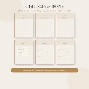 Op de afbeelding: Een set van zes beige digitale plannerpagina's getiteld CHALLENGES & TROPES, genre bingo, romantasy tropes, and a book a week. De pagina's bevatten secties voor Wishlist, Did Not Finish, New Releases, Challenges en Series No. 01 en 02.
