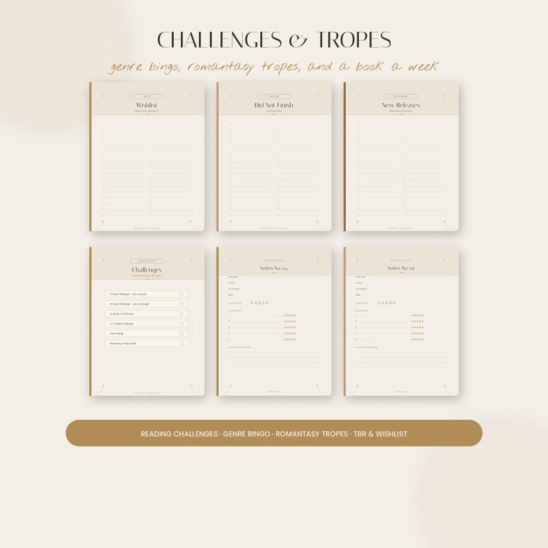 Op de afbeelding: Een set van zes beige digitale plannerpagina's getiteld CHALLENGES & TROPES, genre bingo, romantasy tropes, and a book a week. De pagina's bevatten secties voor Wishlist, Did Not Finish, New Releases, Challenges en Series No. 01 en 02.