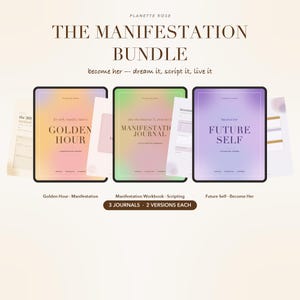 Op de afbeelding: Een digitaal productpakket genaamd THE MANIFESTATION BUNDLE met drie dagboeken: Golden Hour, Manifestation Journal en Future Self. Elke kaft toont een zachte gradiëntachtergrond met tekst. Bevat 3 dagboeken en elk 2 versies.