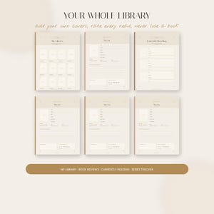 Op de afbeelding: Een digitale boeken-tracker planner met zes pagina's met de tekst YOUR WHOLE LIBRARY, add your own covers, rate every read, never lose a book, My Library, No 01, Currently Reading, No 02, No 03, No 04 en MY LIBRARY - BOOK REVIEWS - CURRENTLY READING - SERIES TRACKER.