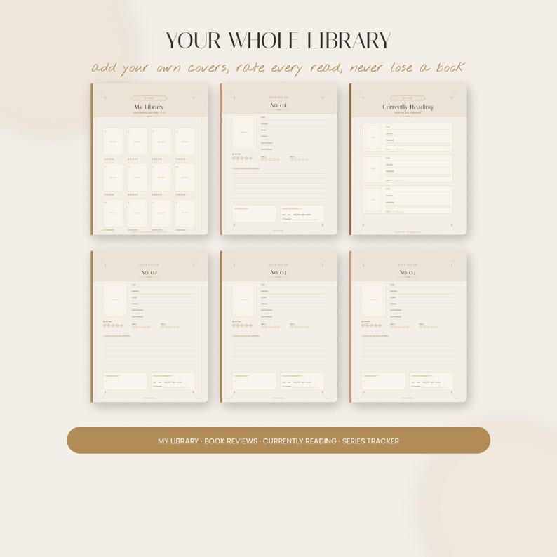 Op de afbeelding: Een digitale boeken-tracker planner met zes pagina's met de tekst YOUR WHOLE LIBRARY, add your own covers, rate every read, never lose a book, My Library, No 01, Currently Reading, No 02, No 03, No 04 en MY LIBRARY - BOOK REVIEWS - CURRENTLY READING - SERIES TRACKER.