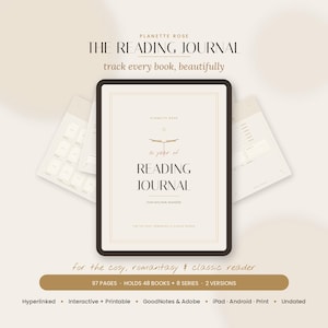 Op de afbeelding: Een digitaal leesdagboek weergegeven op een tabletscherm met de tekst PLANETTE ROSE THE READING JOURNAL track every book, beautifully. De omslag bevat een boekpictogram en de tekst A YEAR OF READING JOURNAL for the cosy, romantasy & classic reader.