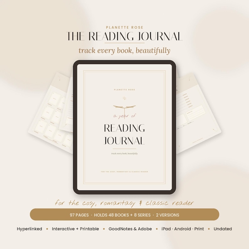 Op de afbeelding: Een digitaal leesdagboek weergegeven op een tabletscherm met de tekst PLANETTE ROSE THE READING JOURNAL track every book, beautifully. De omslag bevat een boekpictogram en de tekst A YEAR OF READING JOURNAL for the cosy, romantasy & classic reader.