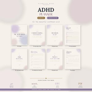 Puede incluir: Un planificador de TDAH con una paleta de colores pastel. La portada dice "ADHD PLANNER" e incluye secciones para la distribución de tareas, el bloqueo de tiempo y el seguimiento de medicamentos. El planificador no tiene fecha e interactivo.