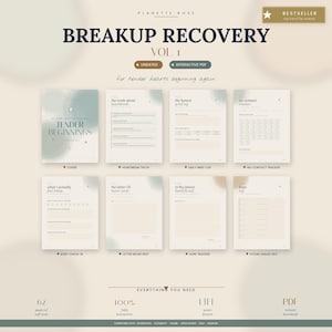 以下が含まれることがあります： 「Breakup Recovery Vol. 1」というタイトルのデジタルPDF別れ回復ジャーナルで、「Tender Beginnings」というテキストが入っています。ジャーナルには、失恋の真実、悲しみのログ、およびノーコンタクトトラッカーのセクションが含まれています。インタラクティブなPDFです。