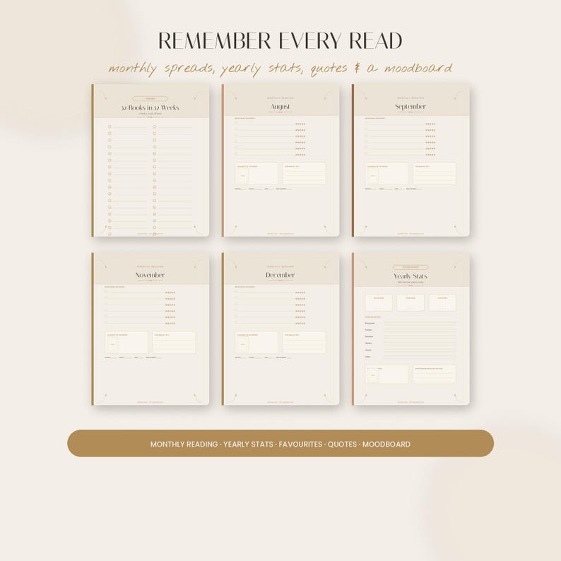 Op de afbeelding: Een digitale leesplanner met zes beige pagina's en donkerbruine tekst. De pagina's bevatten koppen zoals REMEMBER EVERY READ, 52 Books in 52 Weeks, August, September, November, December en Yearly Stats, met secties voor lijsten en beoordelingen.