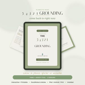 May include: A digital tablet displaying a 5 4 3 2 1 grounding tool with sage green borders and white pages. The text reads PLANETTE ROSE 5 4 3 2 1 GROUNDING, come back to right now, PANIC + ANXIETY, and GROUNDING TOOL. Additional pages are visible behind.