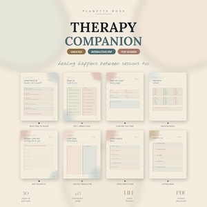 May include: A digital Therapy Companion with the text "THERAPY COMPANION" and "healing happens between sessions too." The pages include prompts for self-reflection, such as "What kind of healer do I need?" and "Emotion Wheel."