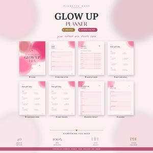 Könnte beinhalten: Ein rosa-weißer Glow Up Planner mit dem Text "Glow Up Planner" und "Your Softest Era Starts Here." Der Planer enthält Abschnitte für Selbstpflegeziele, Gewohnheitsverfolgung und monatliche Reflexion. Es ist ein interaktives PDF.