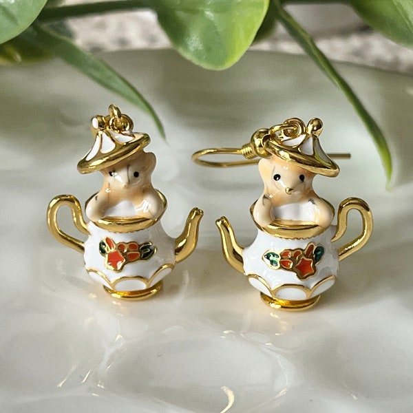 Teapot Chipmunk Earrings, Handmade Earrings, Animal Jewelry, Gold Plated, Enamel, Jewelry Gifts