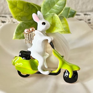 14k Gold Plated, Pearls, White Rabbit On Vintage Vespa Bunny Brooch, Quirky, Enamel Lapel Pins, Coat Accessories, Easter Bunny Accessories