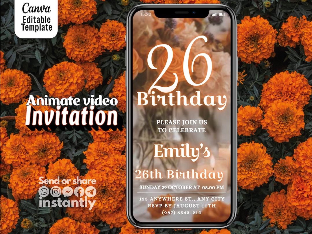 Digital Twenty Six 26th Birthday Invitation Electronic Video Etsy
