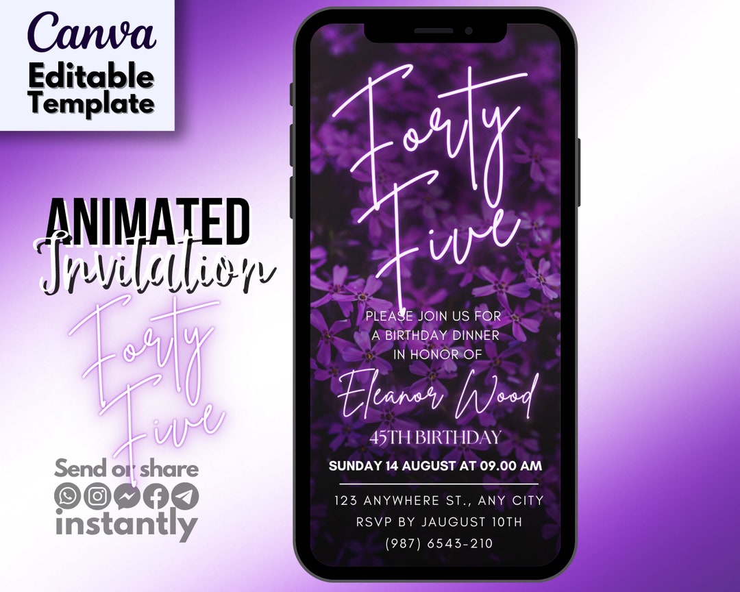 Purple Neon Floral 45th Birthday Party Video Invitation Phone Etsy