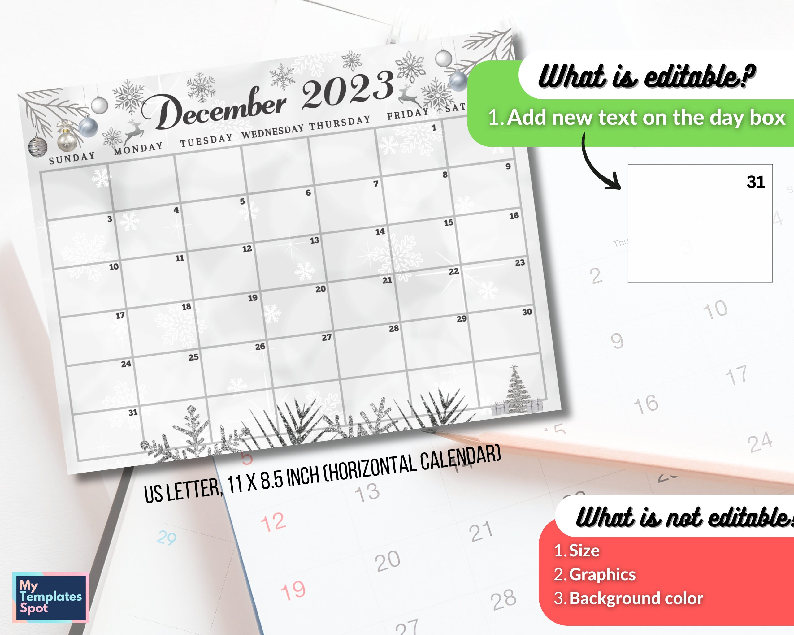 Christmas Calendar 2023 Editable December 2023 Calendar Etsy