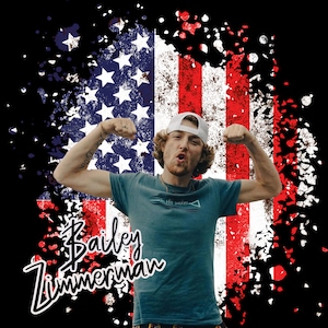 May include: A man with brown hair and a white baseball cap is flexing his biceps in front of a distressed American flag background. The text "Bailey Zimmerman" is written in black cursive below the man.