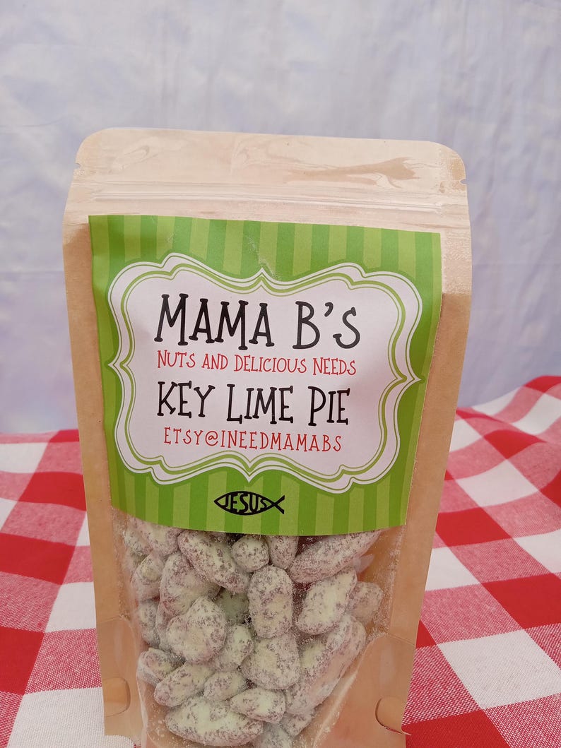 May include: A clear bag of Key Lime Pie flavored nuts. The bag has a green and white label with the text "Mama B's Nuts and Delicious Needs" and "Key Lime Pie". The Etsy shop name is also visible.