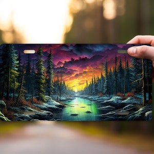 Aurora Borealis Aluminum Vanity License Plate, River Forest Scene