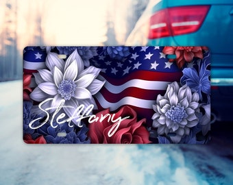 New Release Personalized American Flag Floral Aluminum Vanity License Plate Car Accessory Decorative Front Plate