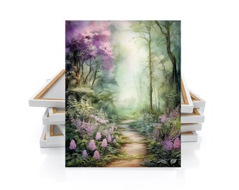 May include: A canvas print of a watercolor forest scene. The artwork features a path winding through a lush forest with purple and pink flowering trees and plants. The color palette includes greens, purples, and soft whites, creating a dreamy atmosphere.