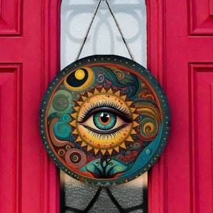 Evil Eye Round Hanging Wall Sign Wood Home Decor, Hippie Decor, Door Hanger, Wreath Sign