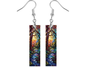 New Release, Faux Stain Glass Stream Earrings, Printed Wood Dangle Earrings Hypoallergenic Jewelry Handmade